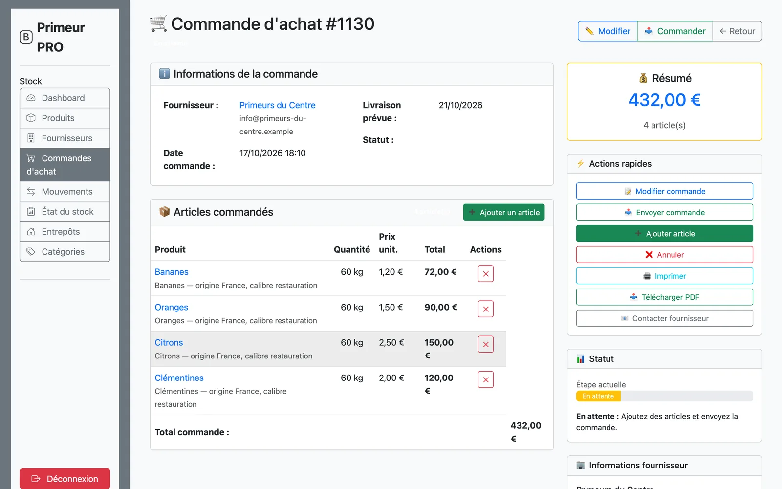 Commande fournisseur en attente avec ses articles