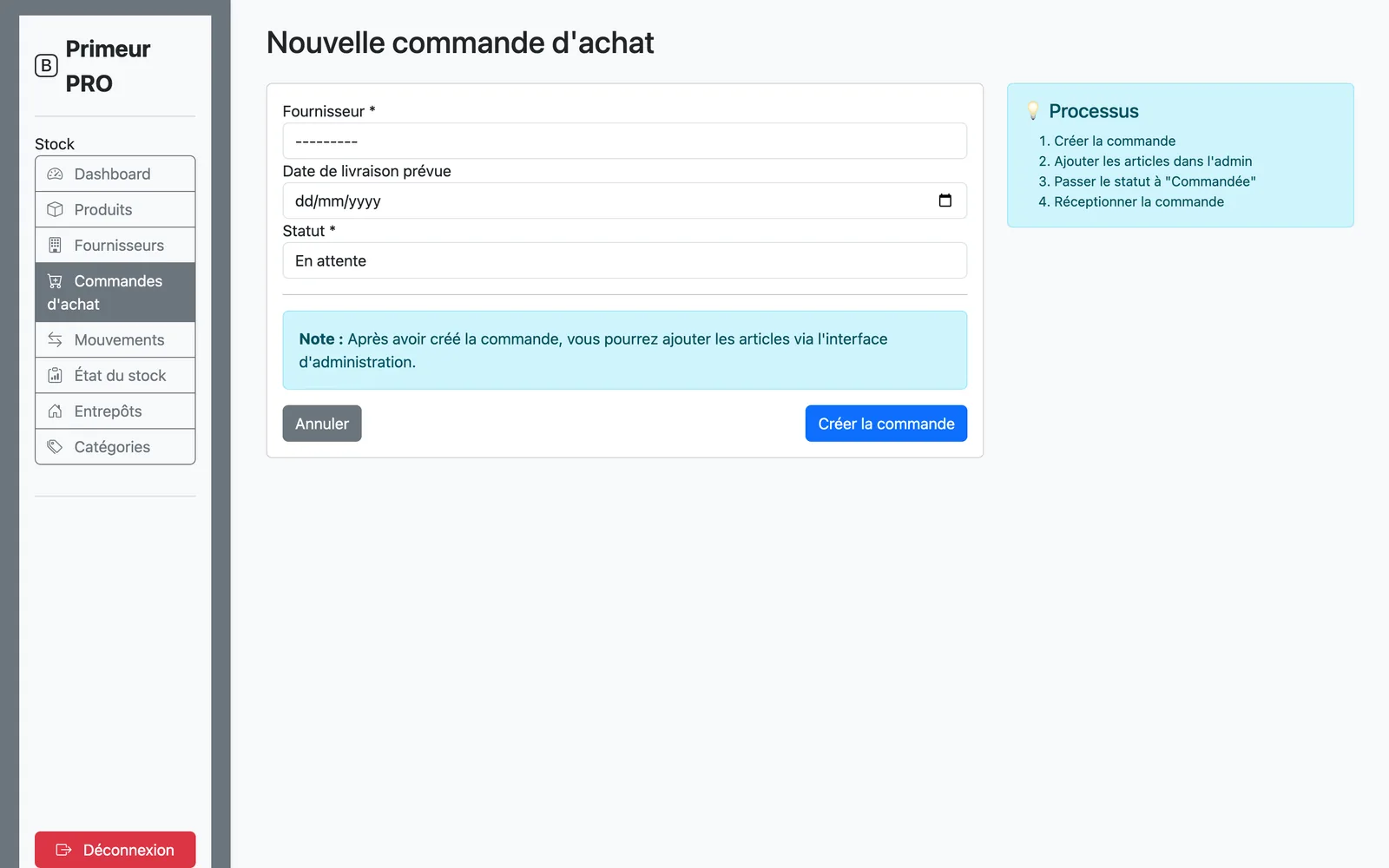 Formulaire de nouvelle commande fournisseur