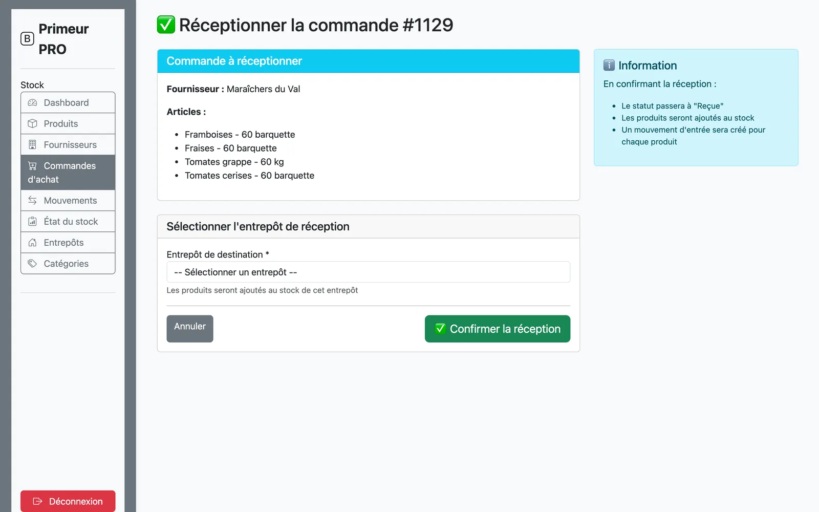 Réception d'une commande fournisseur dans un entrepôt