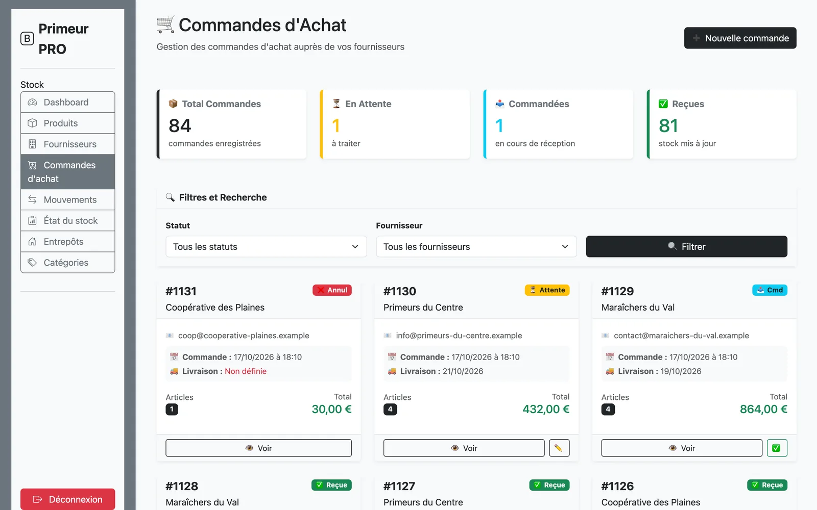 Liste des commandes fournisseurs