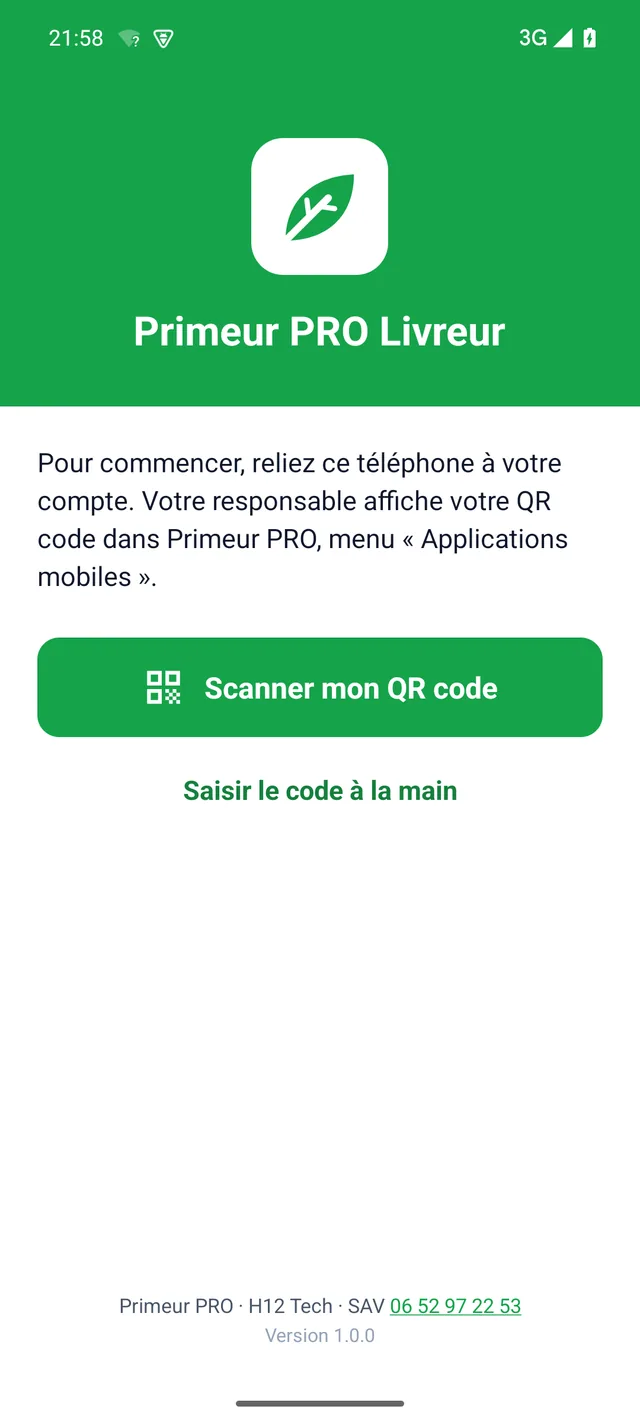 Accueil de l'application Primeur PRO Livreur : Scanner mon QR code ou Saisir le code à la main