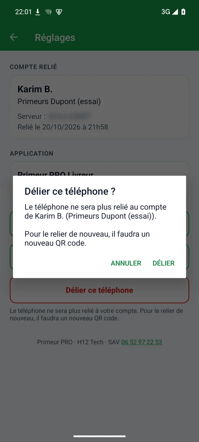 Confirmation Délier ce téléphone : il faudra un nouveau QR code pour le relier de nouveau