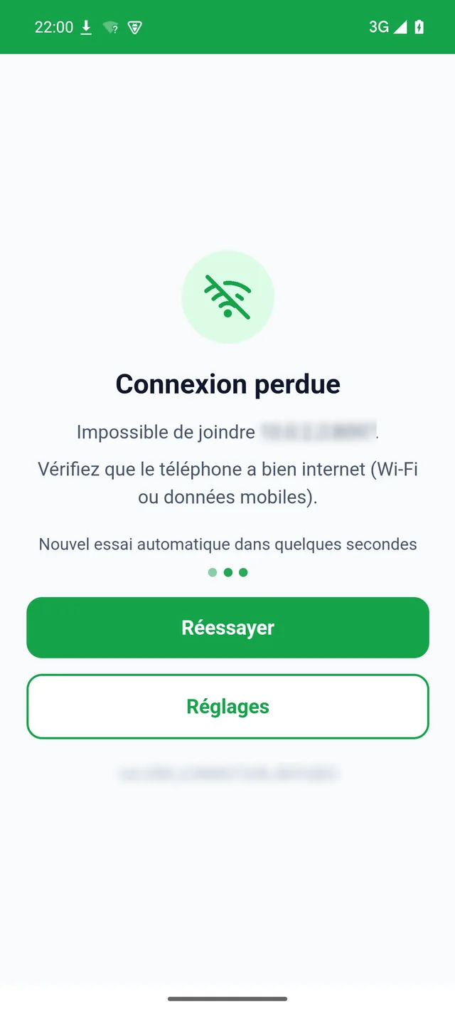 Écran Connexion perdue : nouvel essai automatique, boutons Réessayer et Réglages