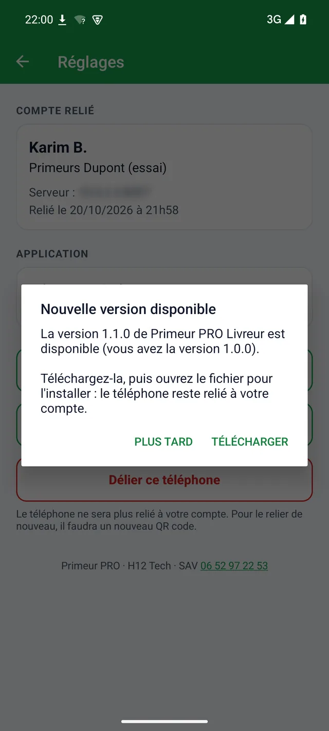 Fenêtre Nouvelle version disponible : Plus tard ou Télécharger, le téléphone reste relié