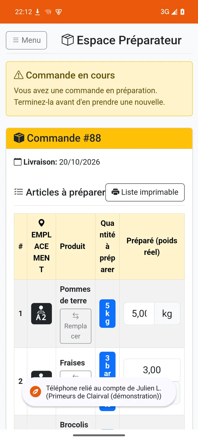 Application Primeur PRO Préparation : la commande en cours, avec ses articles triés par emplacement