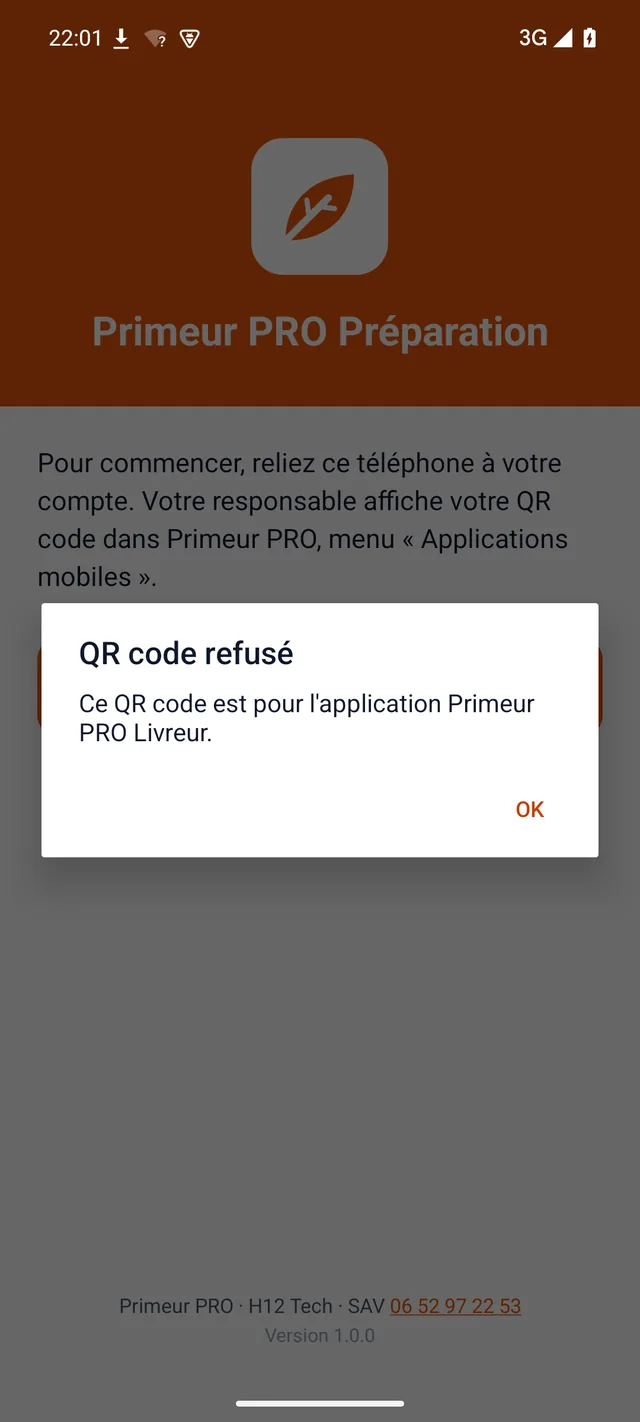Application Primeur PRO Préparation : QR code refusé, ce QR code est pour l'application Primeur PRO Livreur