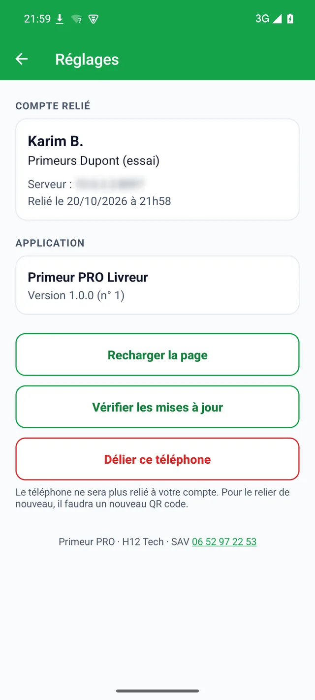 Réglages de l'application : compte relié, version, Recharger la page, Vérifier les mises à jour, Délier ce téléphone