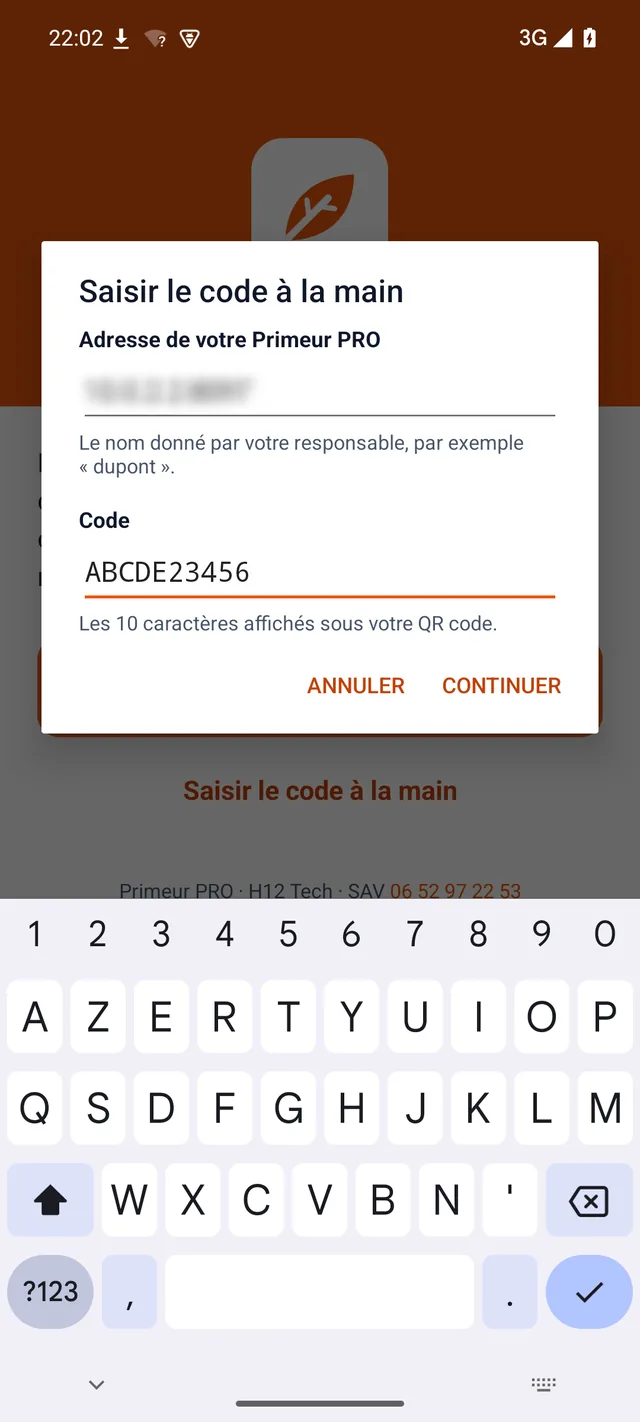 Fenêtre Saisir le code à la main : adresse de votre Primeur PRO et code de 10 caractères