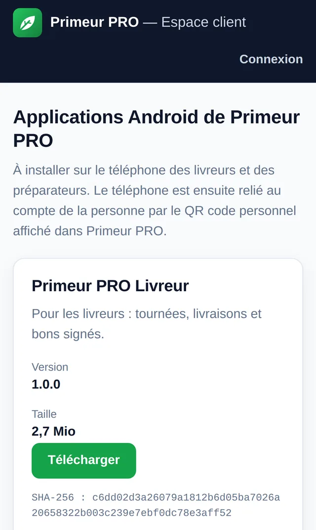 Page des applications de H12 Tech sur un téléphone : Primeur PRO Livreur, version, taille et bouton Télécharger