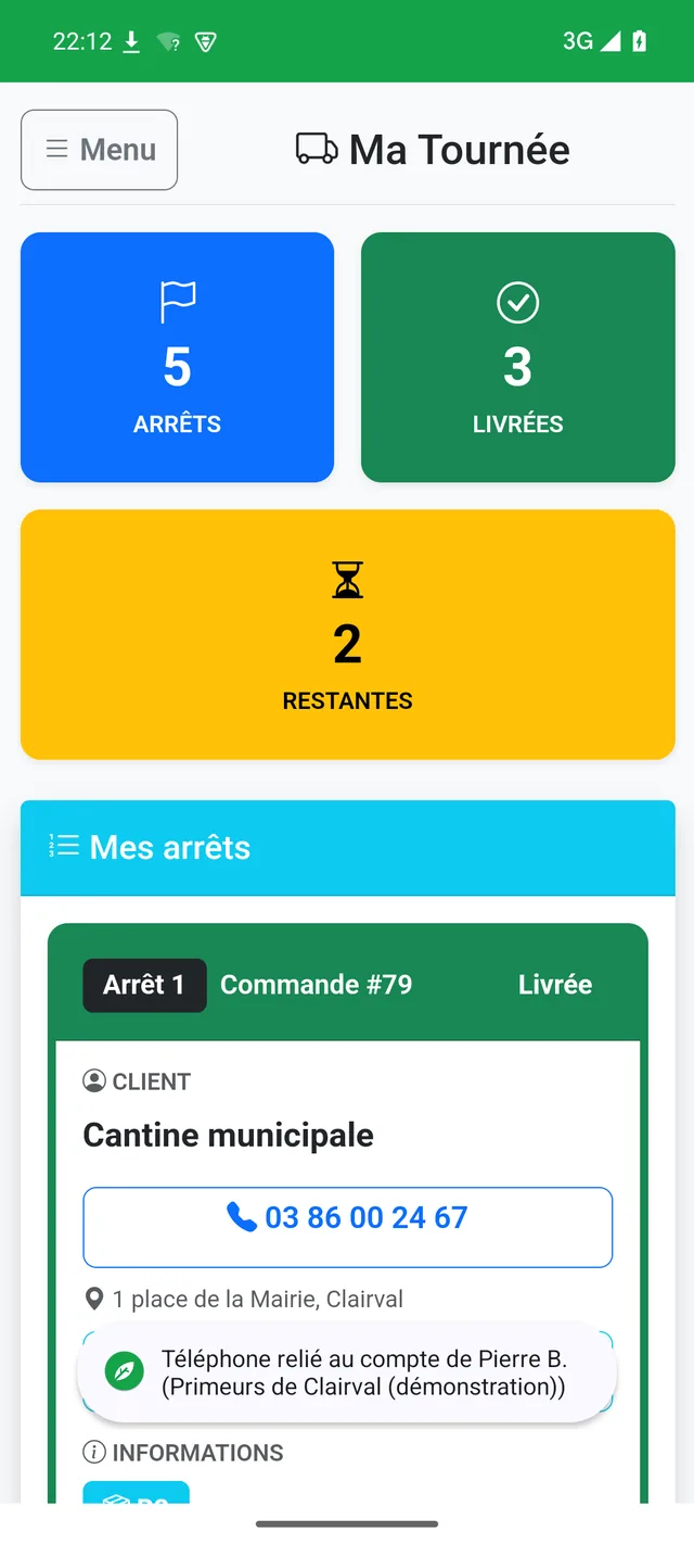 Application Primeur PRO Livreur : Ma tournée avec 5 arrêts, 3 livrées, 2 restantes, juste après avoir relié le téléphone