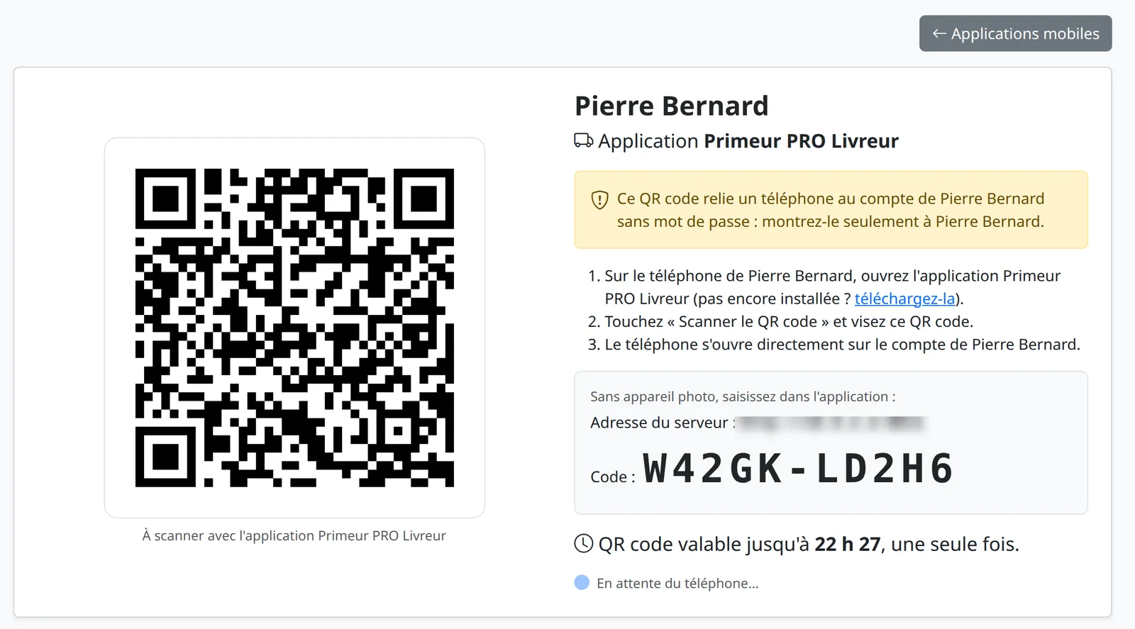 Page Relier un téléphone : grand QR code personnel du livreur, consignes, code à saisir à la main et heure de fin de validité