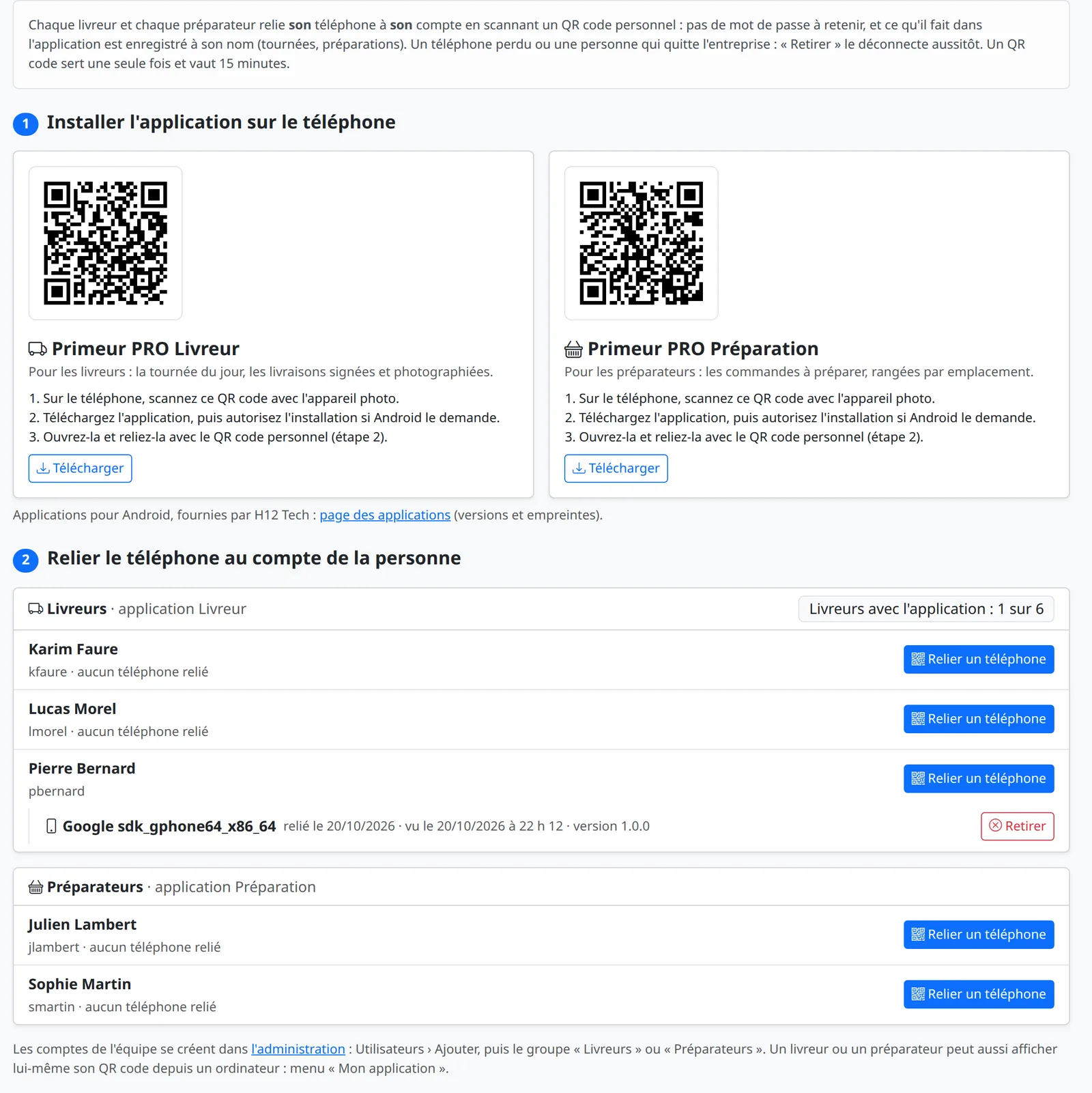 Page Applications mobiles du responsable : QR codes de téléchargement des deux applications, puis la liste des livreurs et des préparateurs avec leurs téléphones reliés et les boutons Relier un téléphone et Retirer