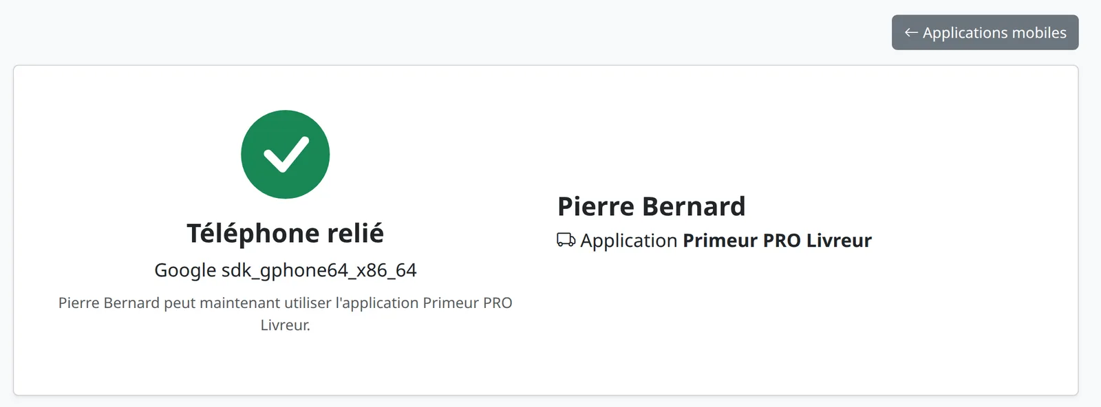 Page Relier un téléphone après le scan : Téléphone relié, avec le nom du téléphone