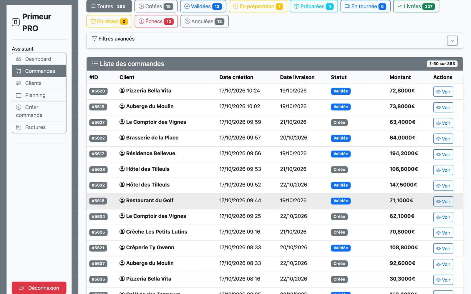 Liste des commandes avec filtres par statut