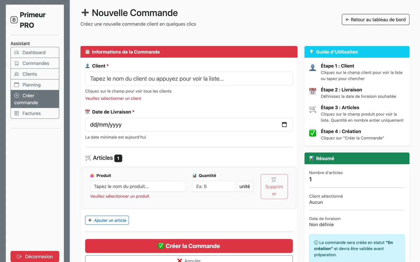 Saisie d'une commande par l'assistante