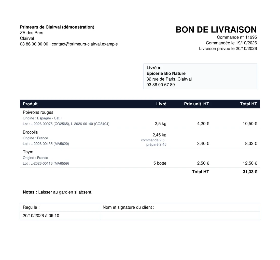 Bon de livraison : sous chaque produit, son origine puis « Lot : » avec le numéro de lot et celui du fournisseur entre parenthèses (données fictives)