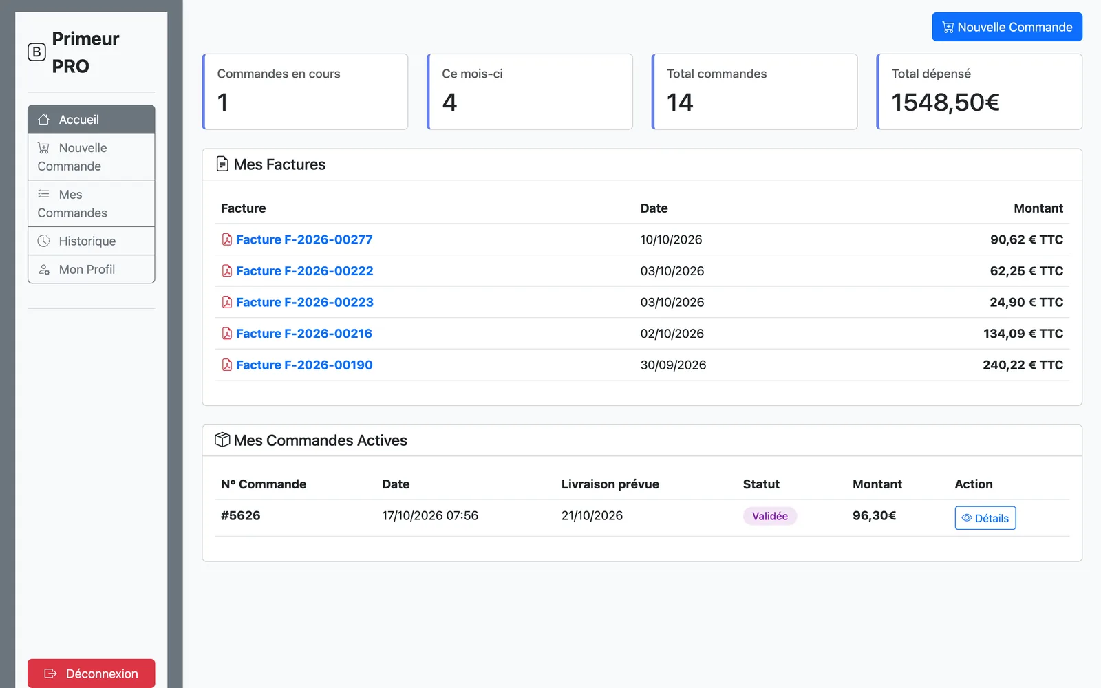 Espace client : factures téléchargeables et commandes en cours