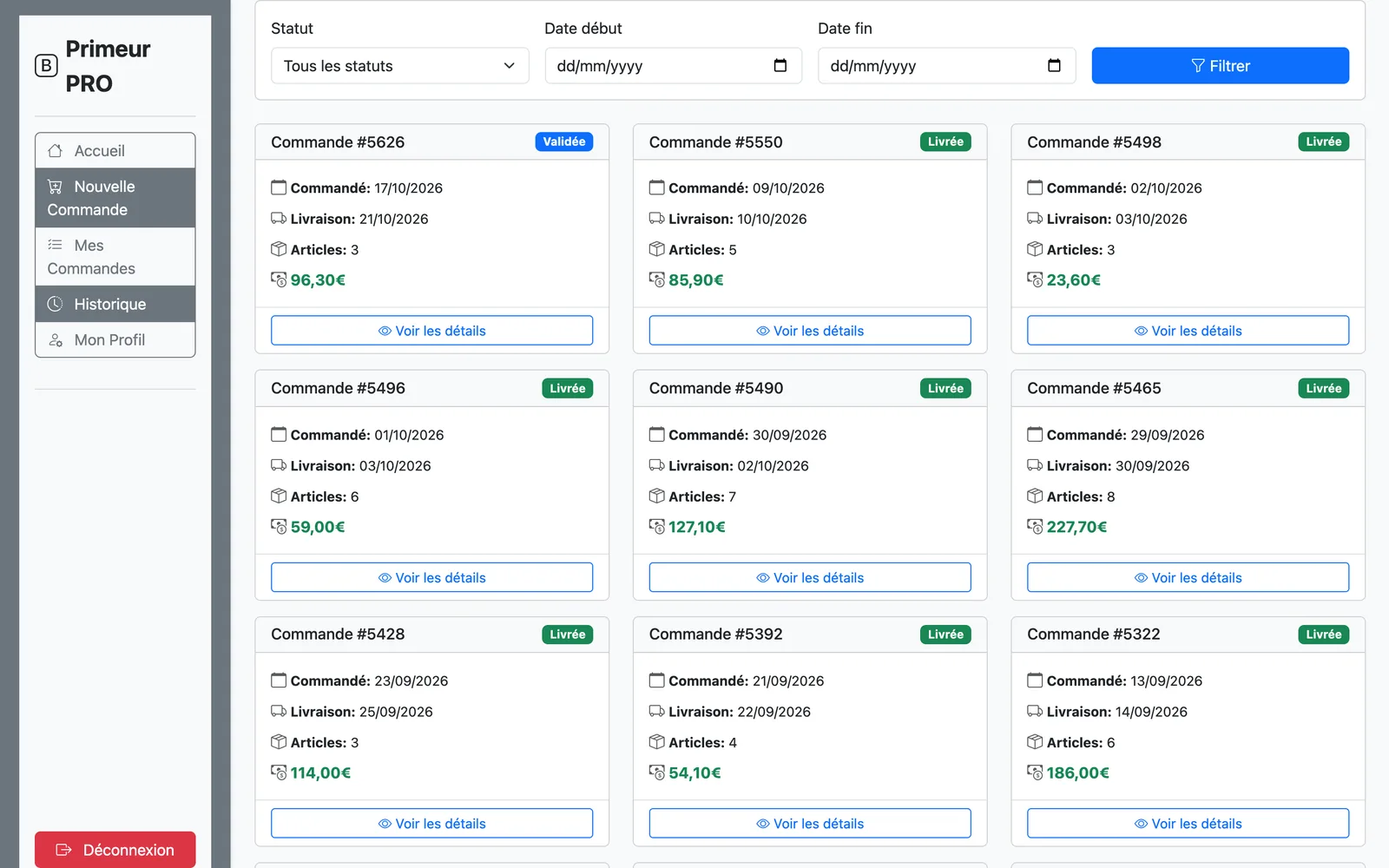 Historique des commandes du client