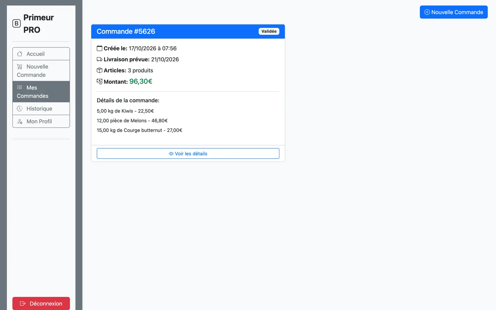 Liste des commandes en cours du client avec leur statut