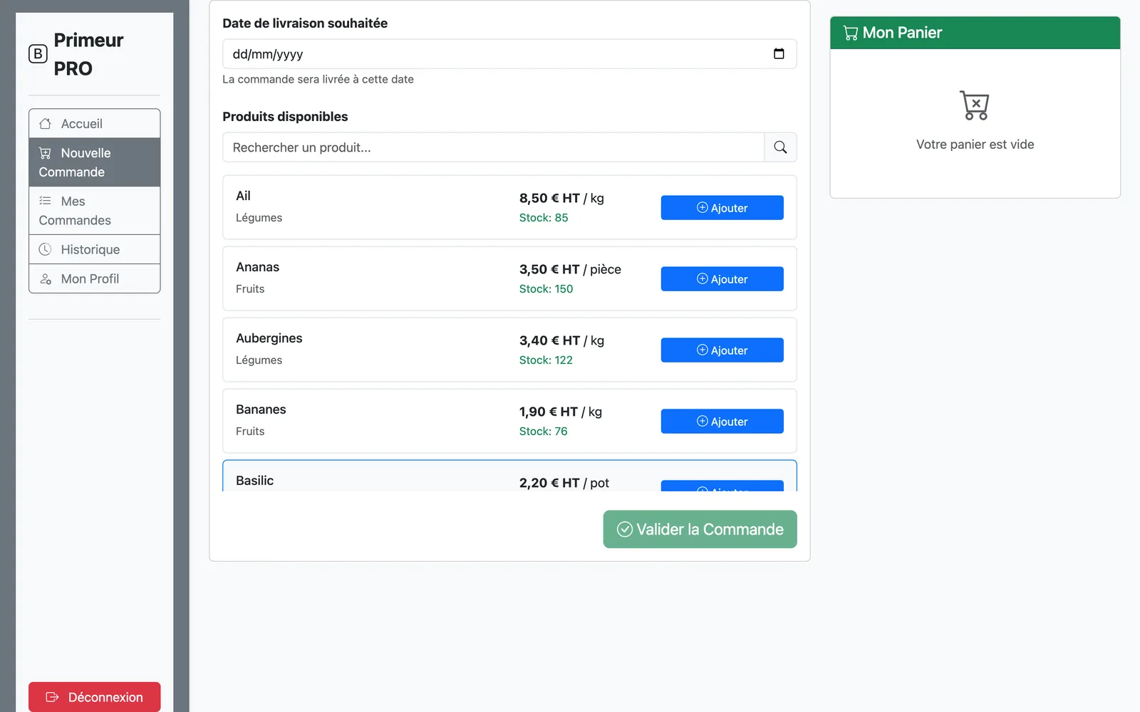 Espace client : catalogue avec stock et prix, date de livraison, panier