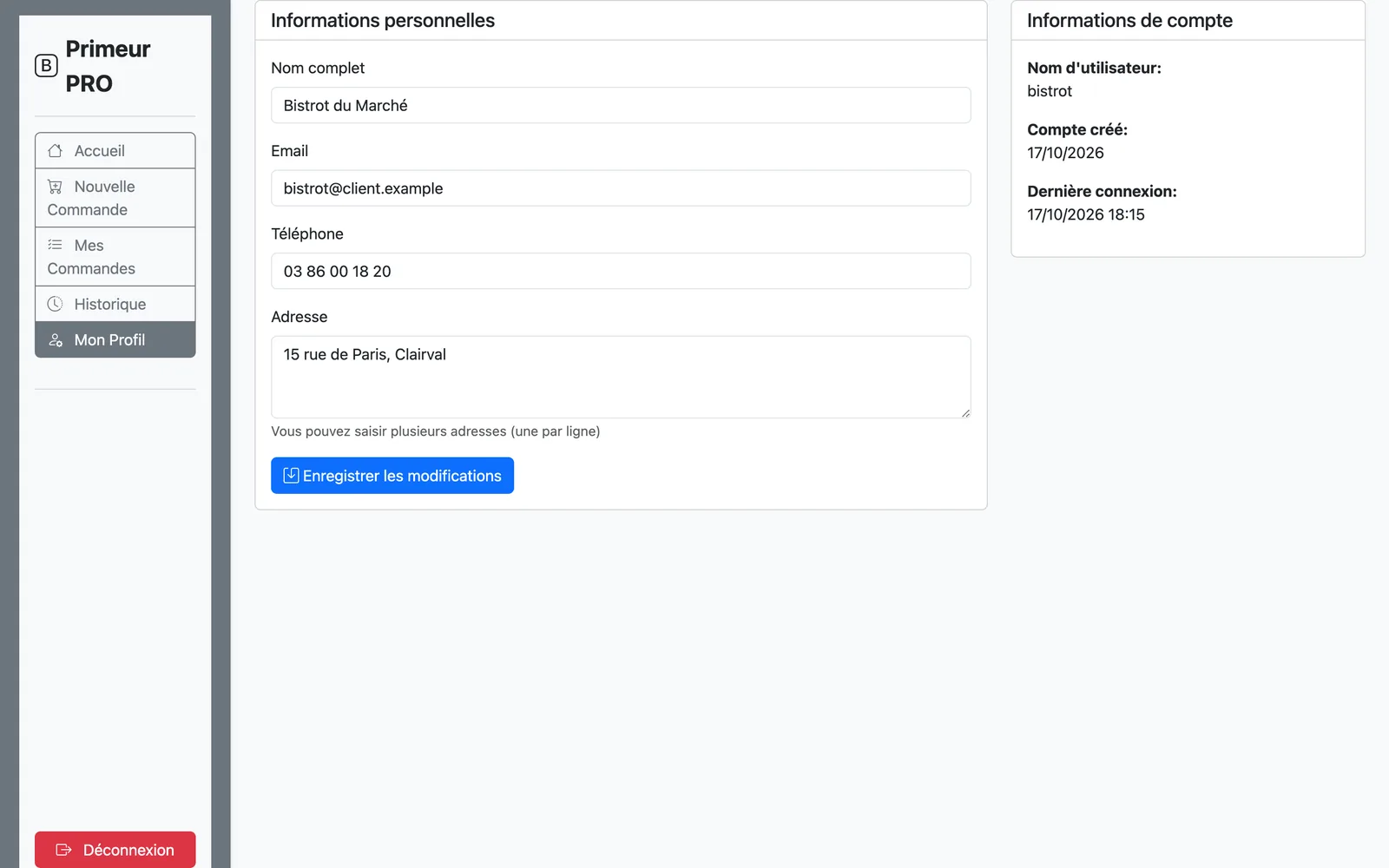 Profil du client : coordonnées et adresses