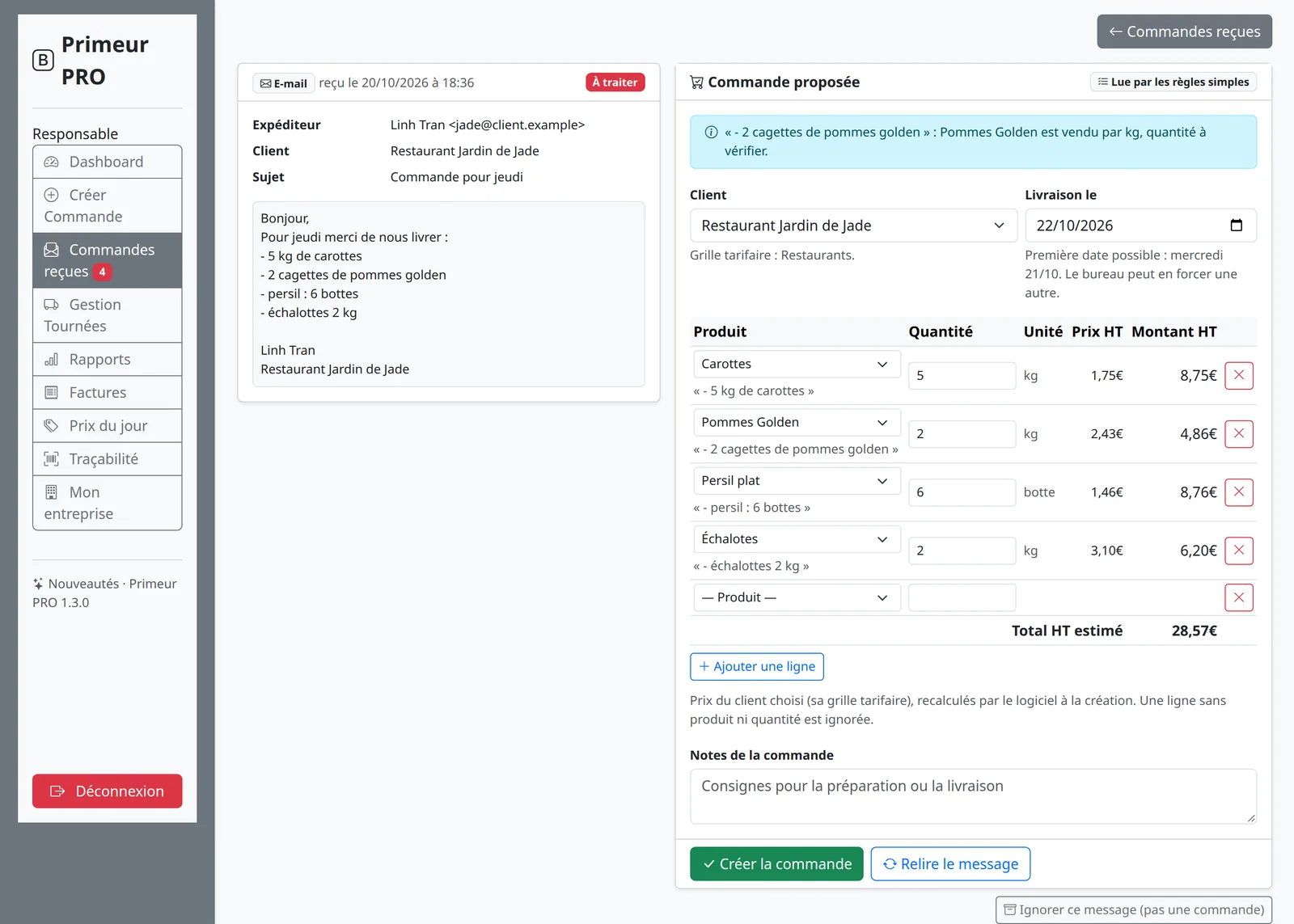 Un e-mail reçu et la commande proposée : client reconnu, date de livraison demandée, produits et quantités aux prix du client, remarque à vérifier