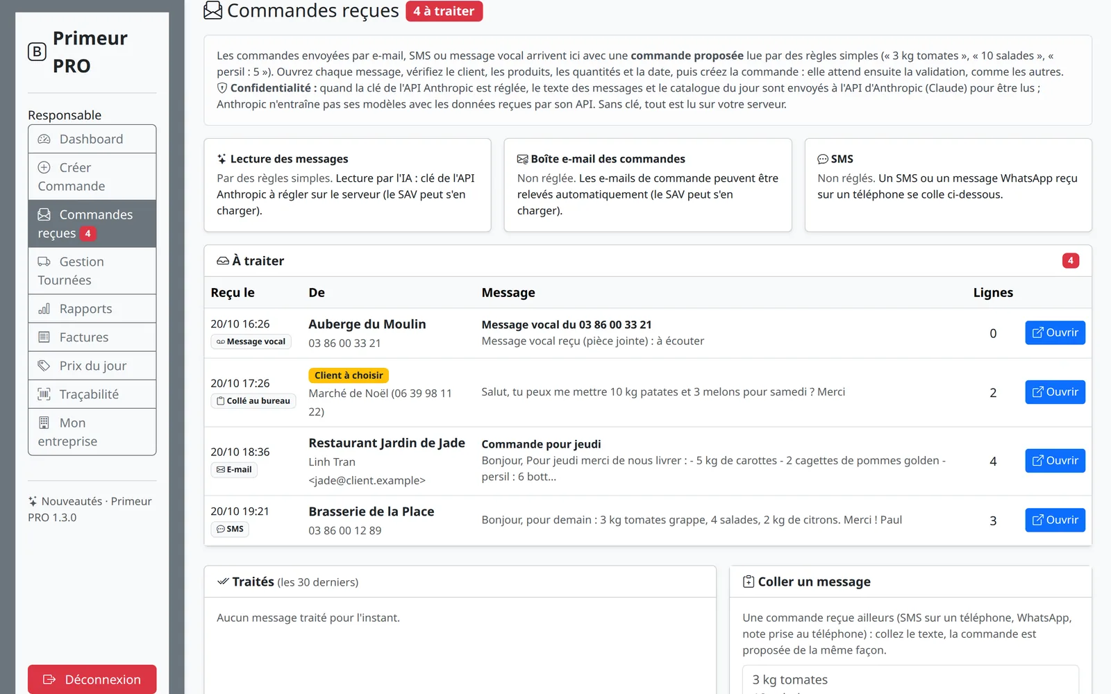 Écran Commandes reçues : messages à traiter reçus par message vocal, collés au bureau, par e-mail et par SMS, avec le client reconnu et le nombre de lignes proposées