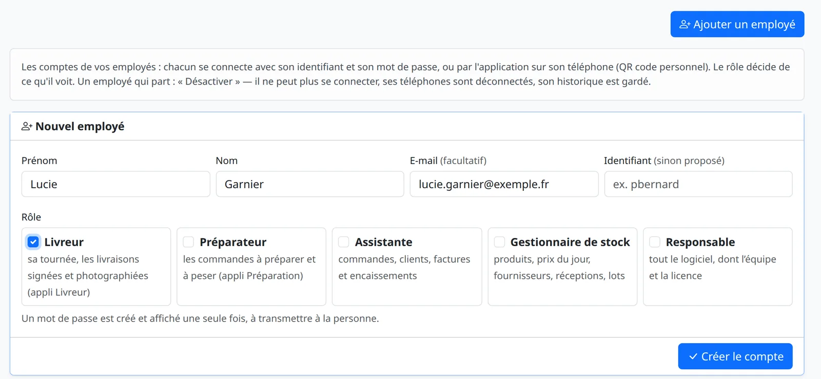 Cadre Nouvel employé : prénom, nom, e-mail facultatif, identifiant proposé si vide, puis les cinq rôles à cocher, avec ce que fait chacun