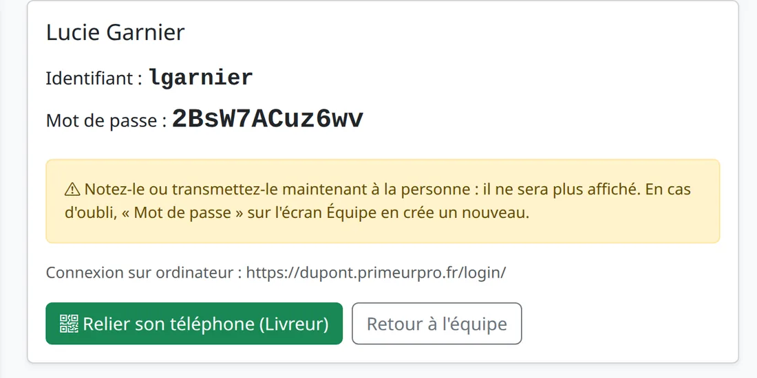 Page Compte créé : identifiant lgarnier, mot de passe de 12 caractères, avertissement « il ne sera plus affiché », adresse de connexion et bouton Relier son téléphone (Livreur)