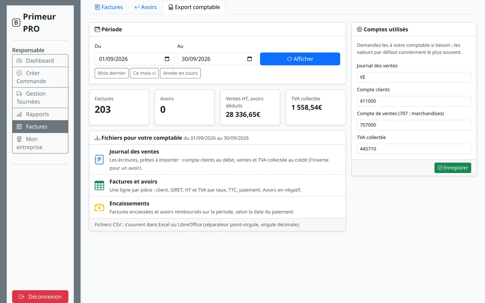 Export comptable : période, résumé, trois fichiers à télécharger et comptes utilisés