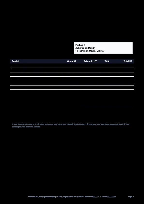 Facture PDF : totaux HT, TVA et TTC, échéance et mentions (données fictives)