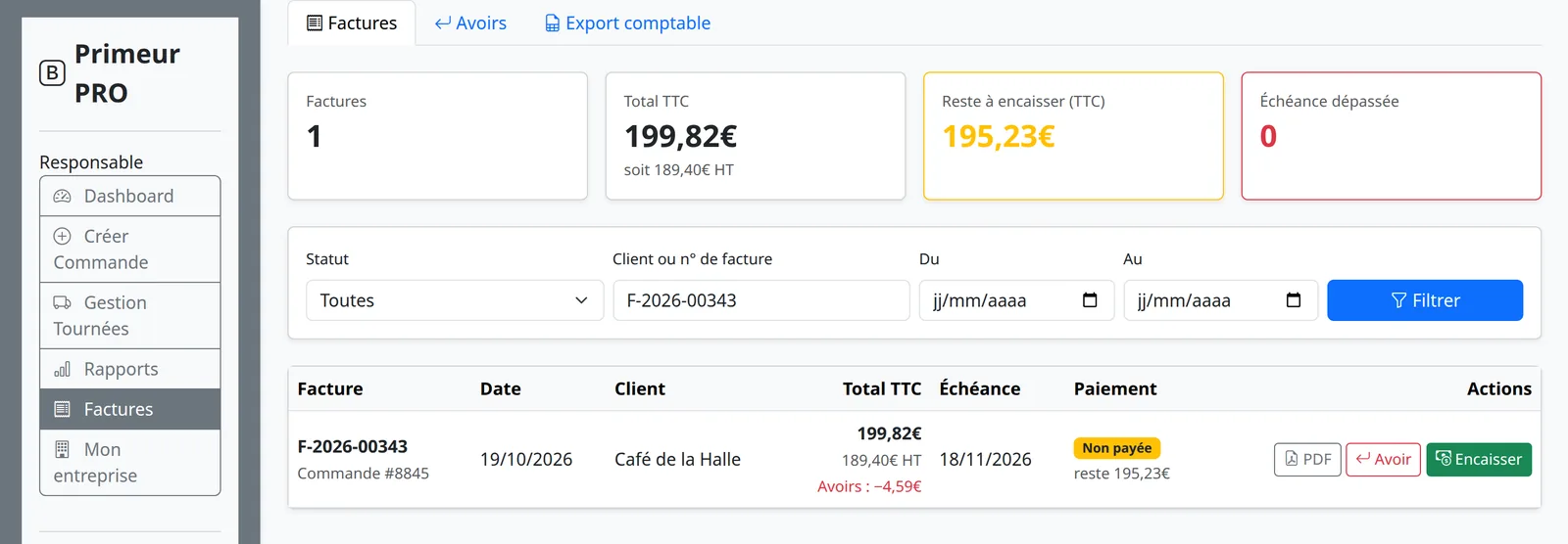 Facture avec un avoir déduit : montant des avoirs et reste à payer