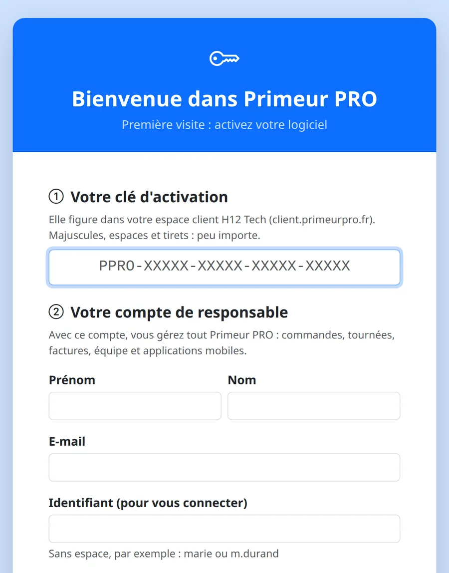 Page d'activation de Primeur PRO : clé d'activation, puis compte de responsable avec prénom, nom, e-mail, identifiant et mot de passe