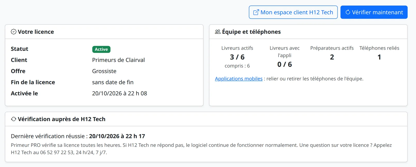 Page Licence du responsable : statut actif, client, offre Grossiste, fin de la licence, livreurs actifs, livreurs avec l'application, préparateurs et téléphones reliés, dernière vérification auprès de H12 Tech