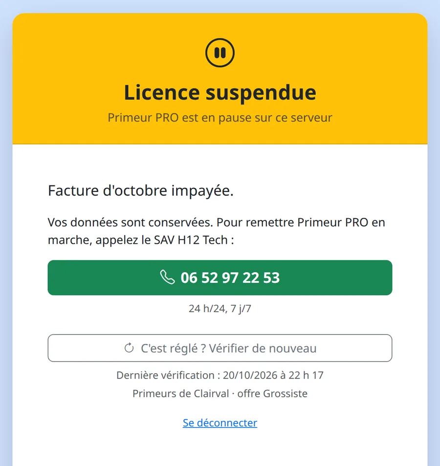Page Licence suspendue : motif, données conservées, numéro du SAV 24 h/24, 7 j/7 et bouton C'est réglé ? Vérifier de nouveau