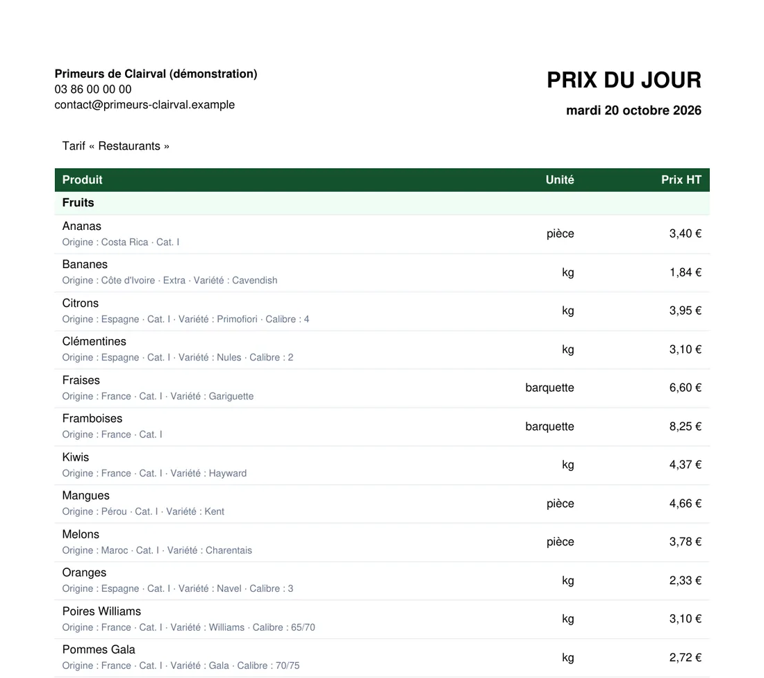 Liste des prix du jour en PDF : produits en stock rangés par catégorie, avec origine, unité et prix HT (données fictives)