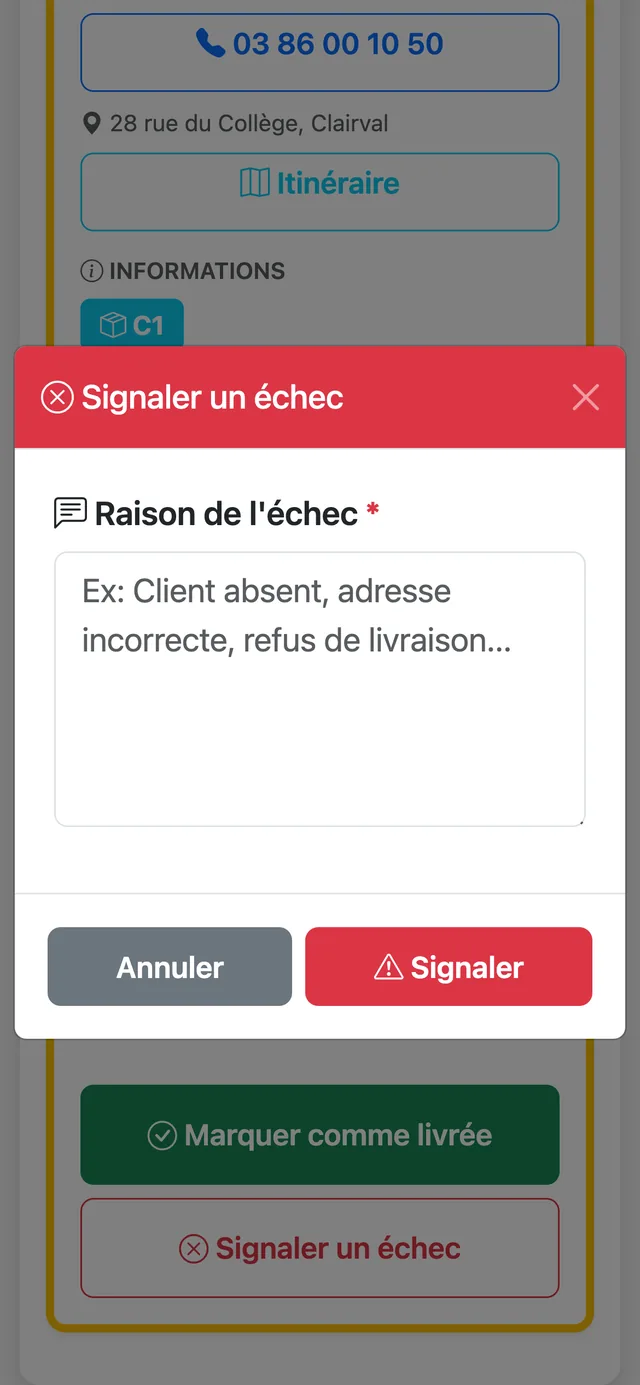 Fenêtre de signalement d'un échec avec la raison