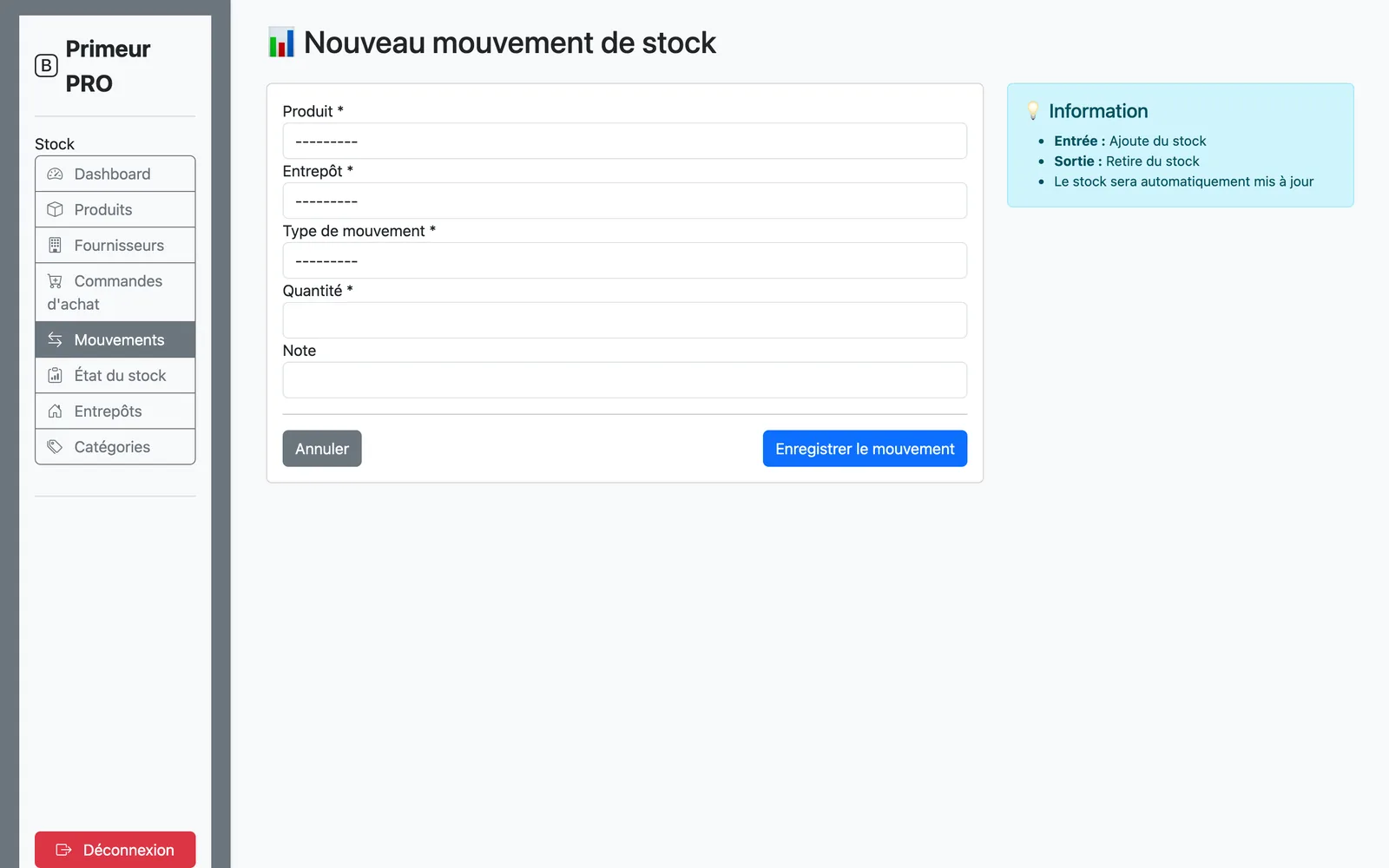 Formulaire de nouveau mouvement de stock