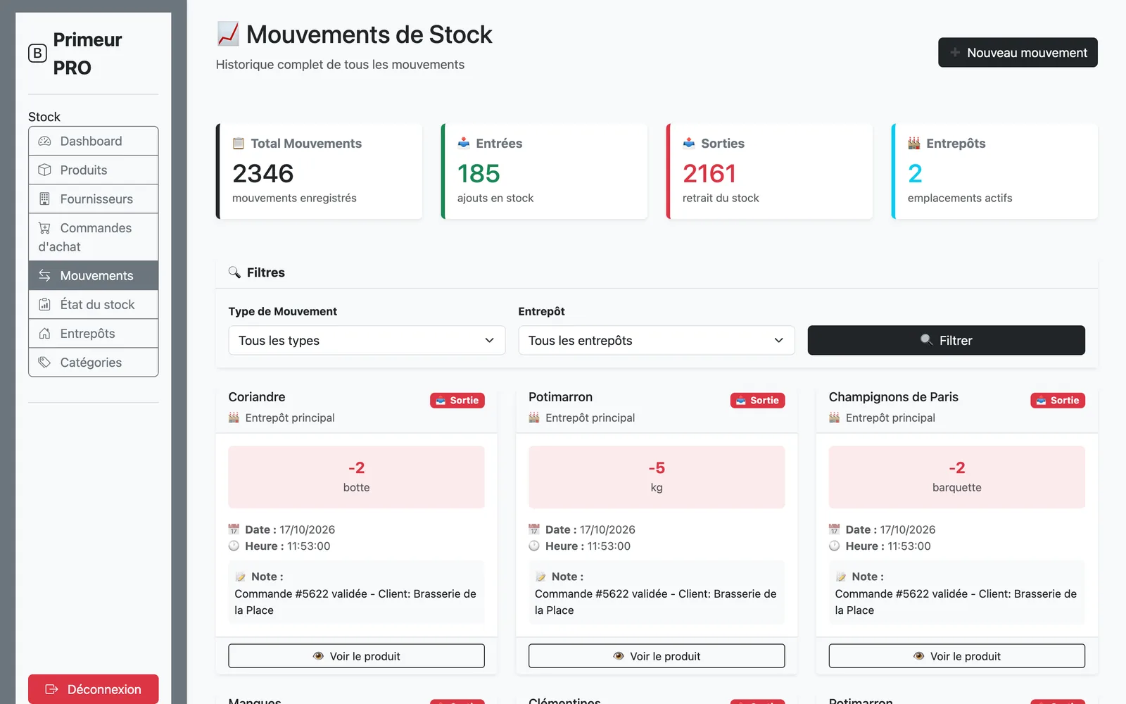 Historique des mouvements de stock