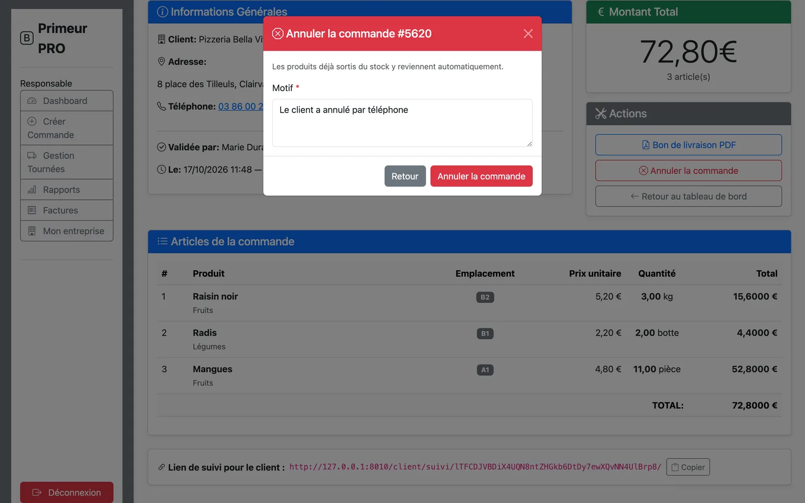 Fenêtre d'annulation d'une commande avec le motif
