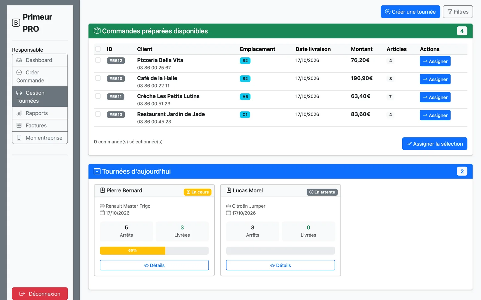 Gestion des tournées : commandes préparées à affecter et tournées du jour