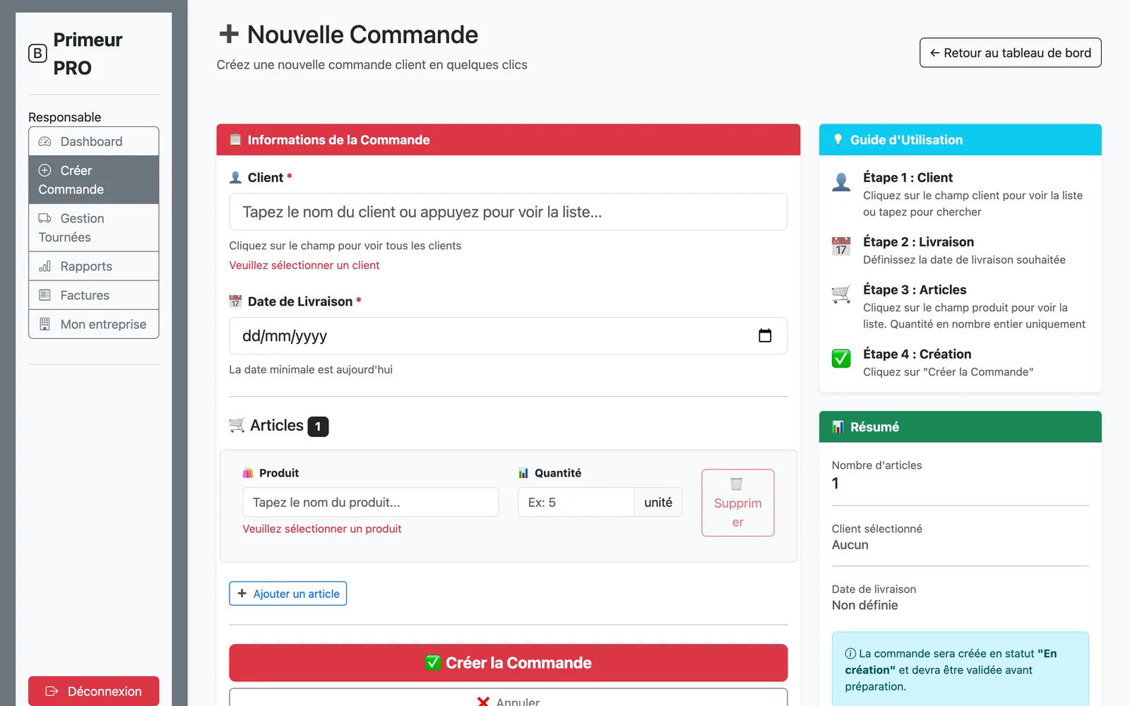 Formulaire de saisie d'une commande par le responsable