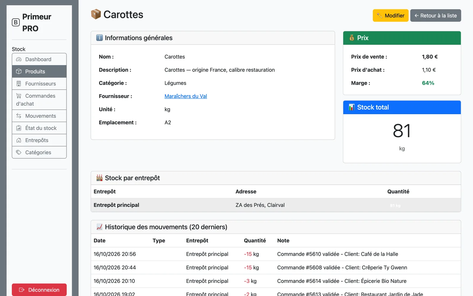 Fiche d'un produit avec ses mouvements