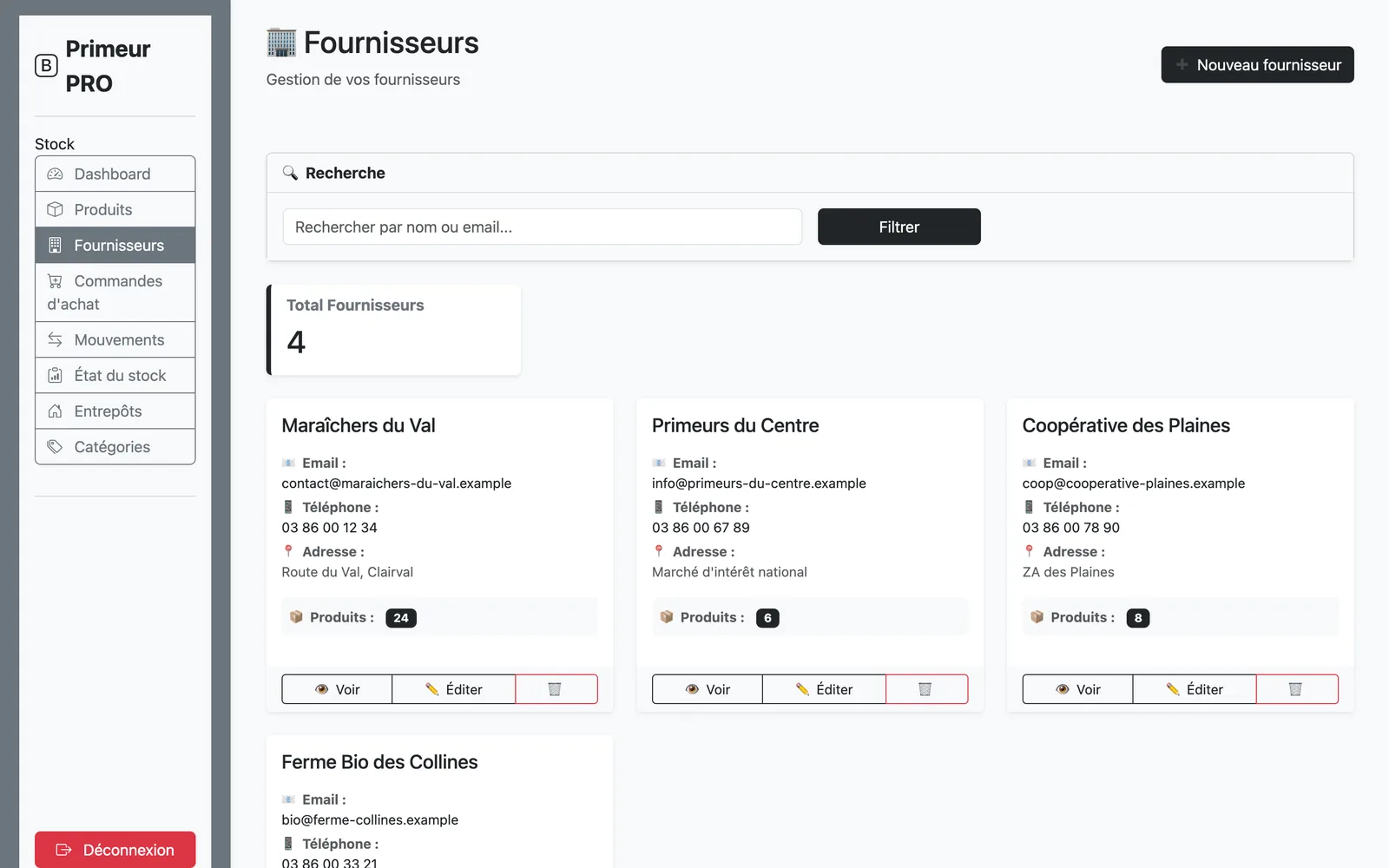 Liste des fournisseurs