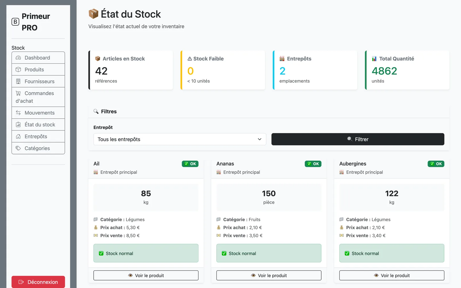 Niveaux de stock par produit et par entrepôt