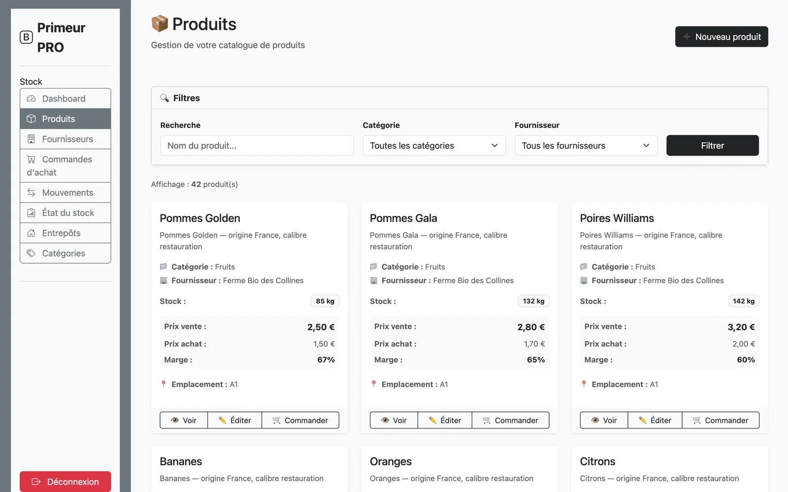 Catalogue des produits avec prix, marge et stock
