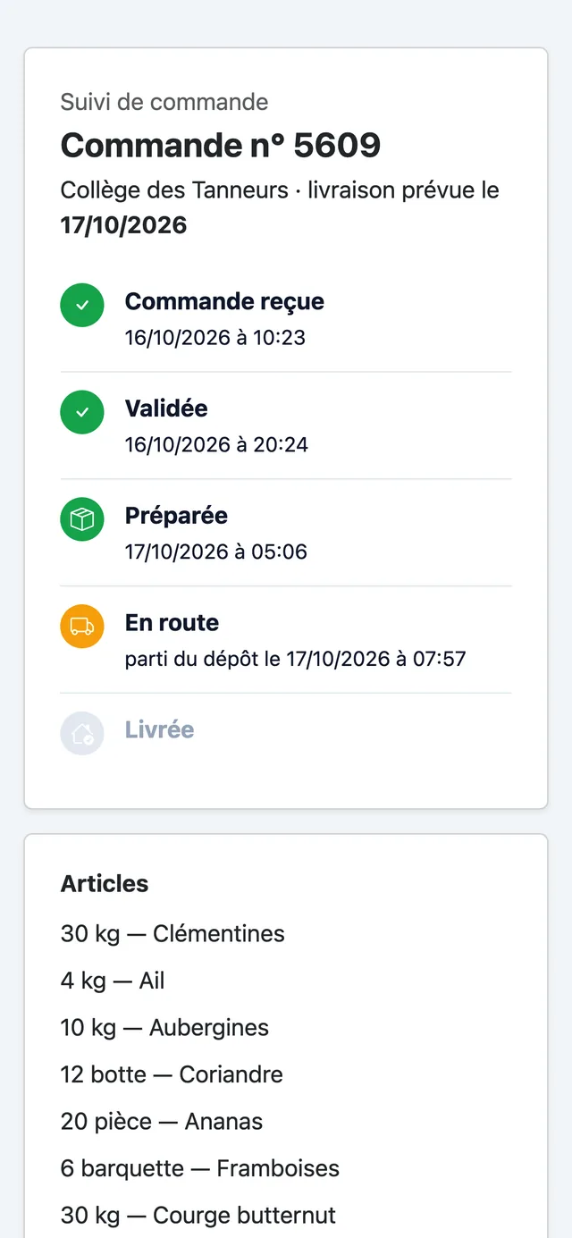 Page publique de suivi d'une commande sur téléphone