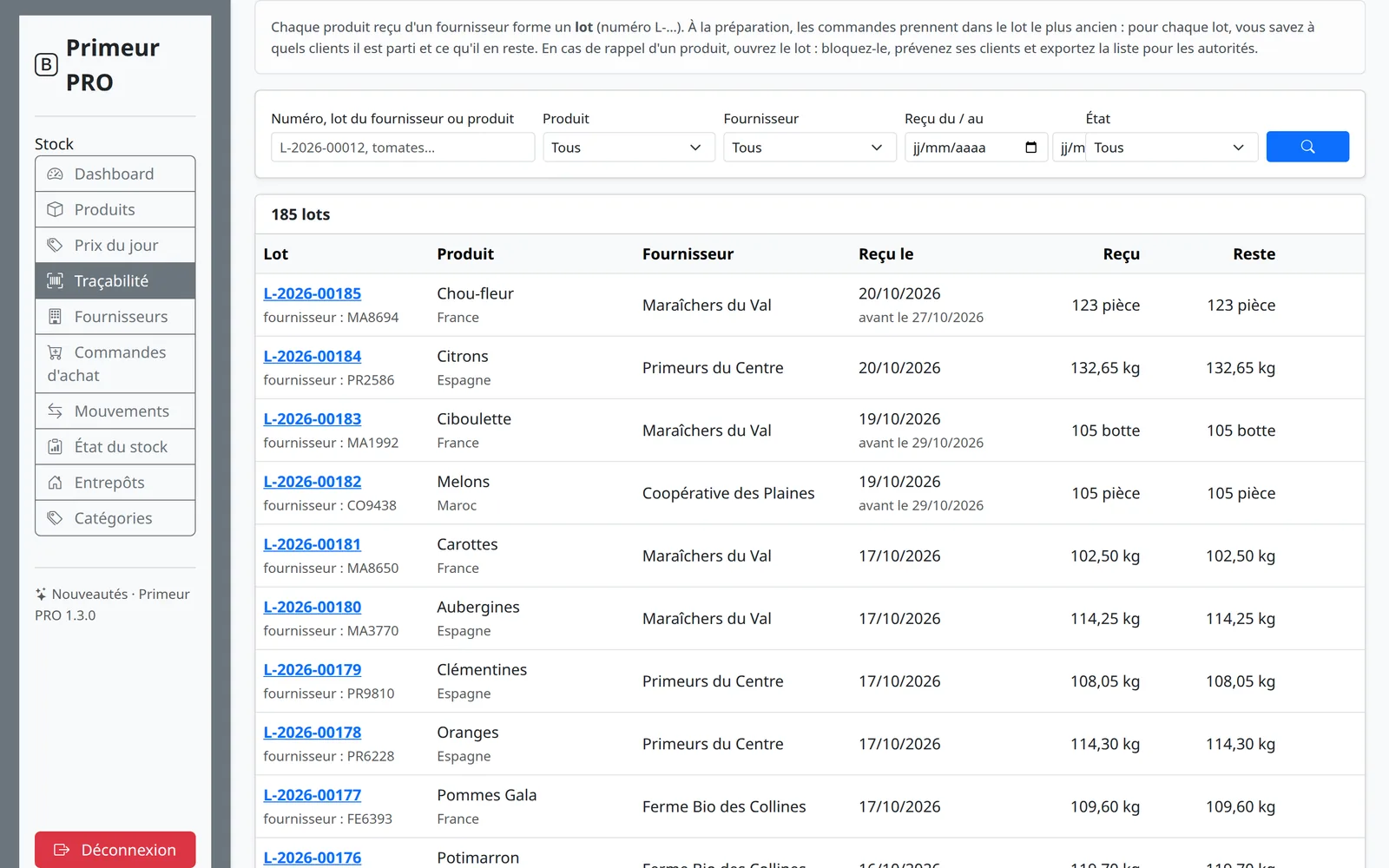 Écran Traçabilité : la liste des lots avec recherche et filtres